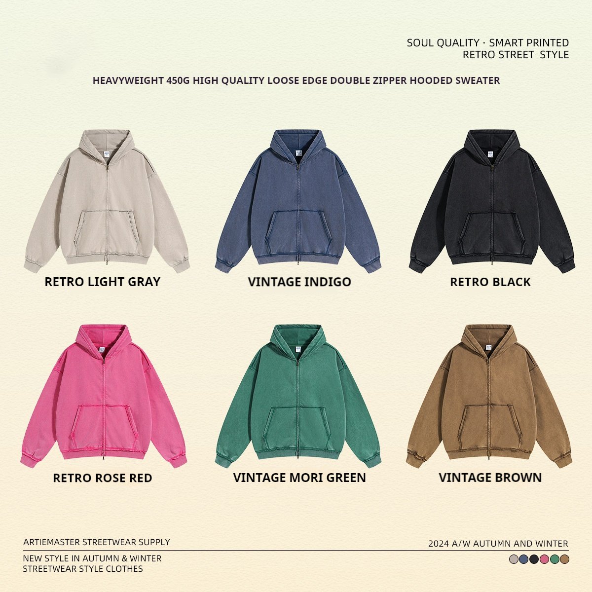 Fashion Vintage Double Zipper Hoodie 450 GSM Loose Unique Zipper Hoodie Custom Hoodies For Man