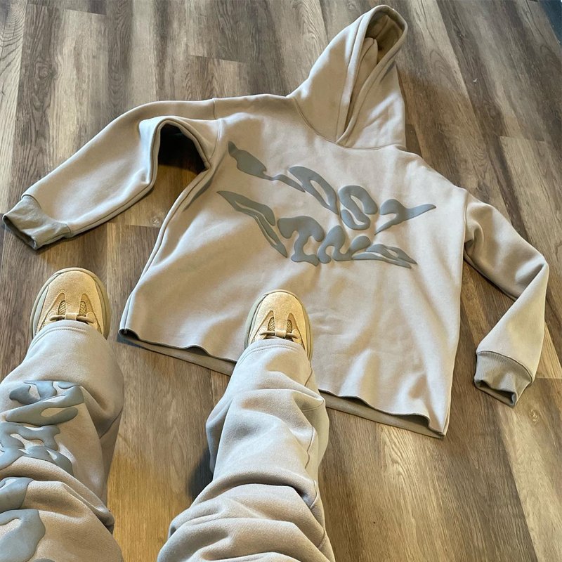 Custom Cotton Print Cut Raw Hem Edge Hoodie Puff Print Pant Men Tracksuit Stacked Flared Mens Two Pieces Jogger Sets
