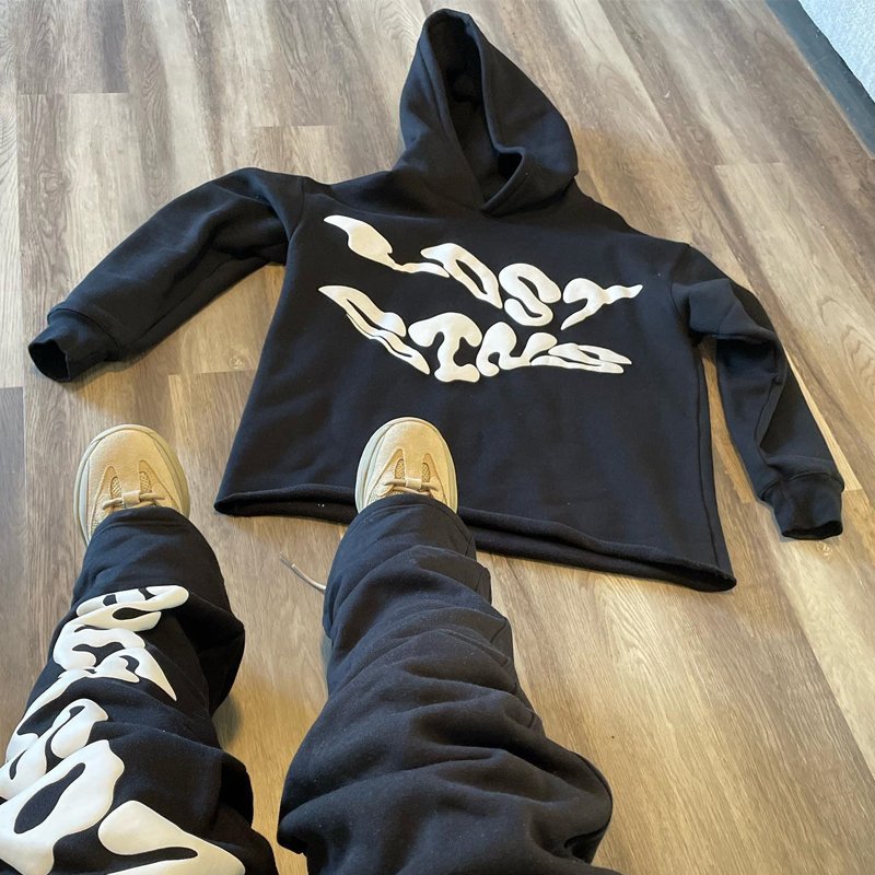 Custom Cotton Print Cut Raw Hem Edge Hoodie Puff Print Pant Men Tracksuit Stacked Flared Mens Two Pieces Jogger Sets