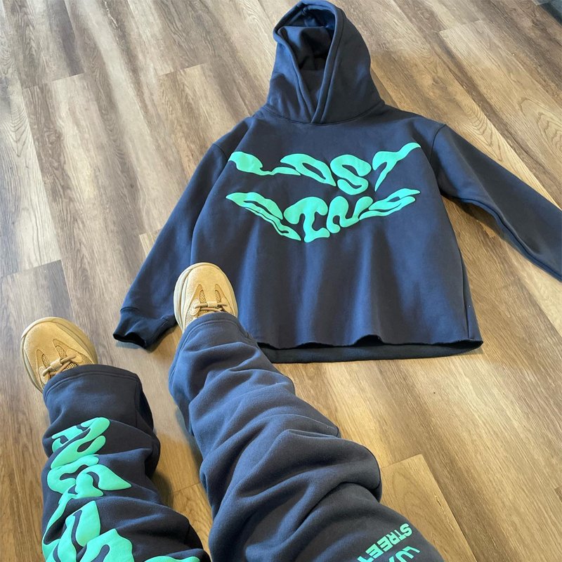 Custom Cotton Print Cut Raw Hem Edge Hoodie Puff Print Pant Men Tracksuit Stacked Flared Mens Two Pieces Jogger Sets