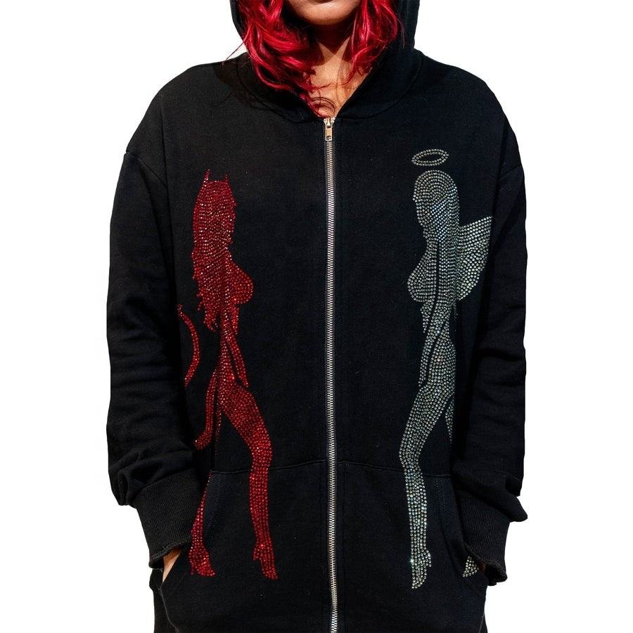 Wholesale Hip Hop Custom Fleece Silver Rhinestone Men's Hoodies & Sweatshirts Full Body Zip Up Face Streetwear Men's Hoodies