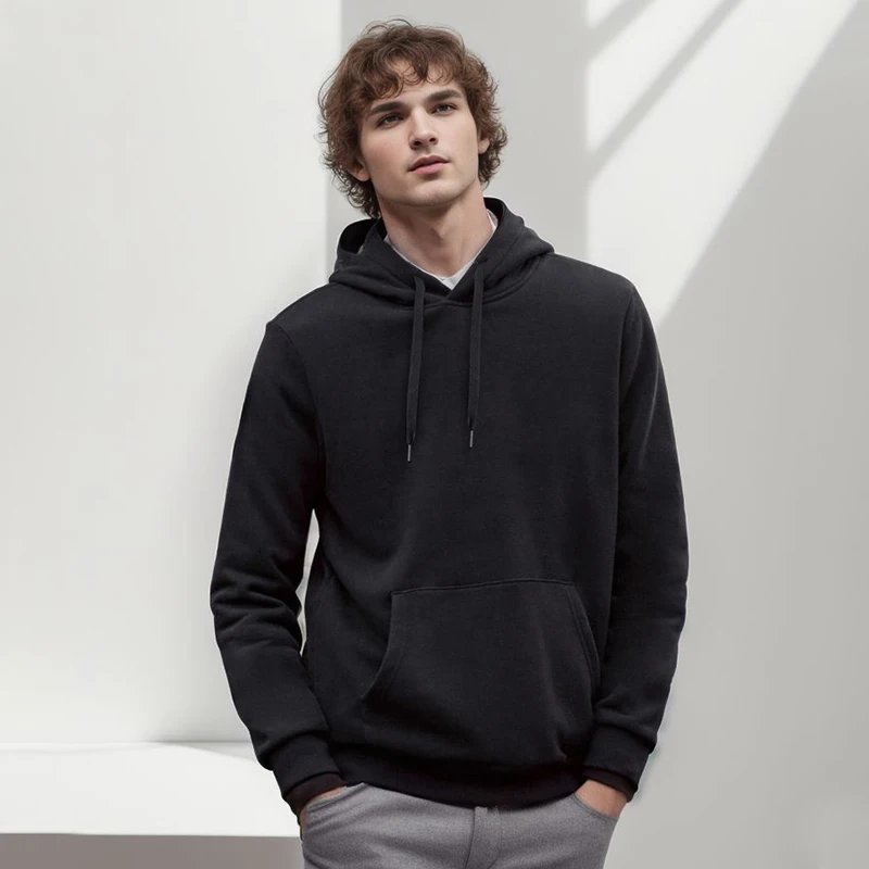 Wholesale Men's Oversized Black Hoodie Plain Cropped Gym Sports Fleece Pullover Cashmere Streetwear for Winter