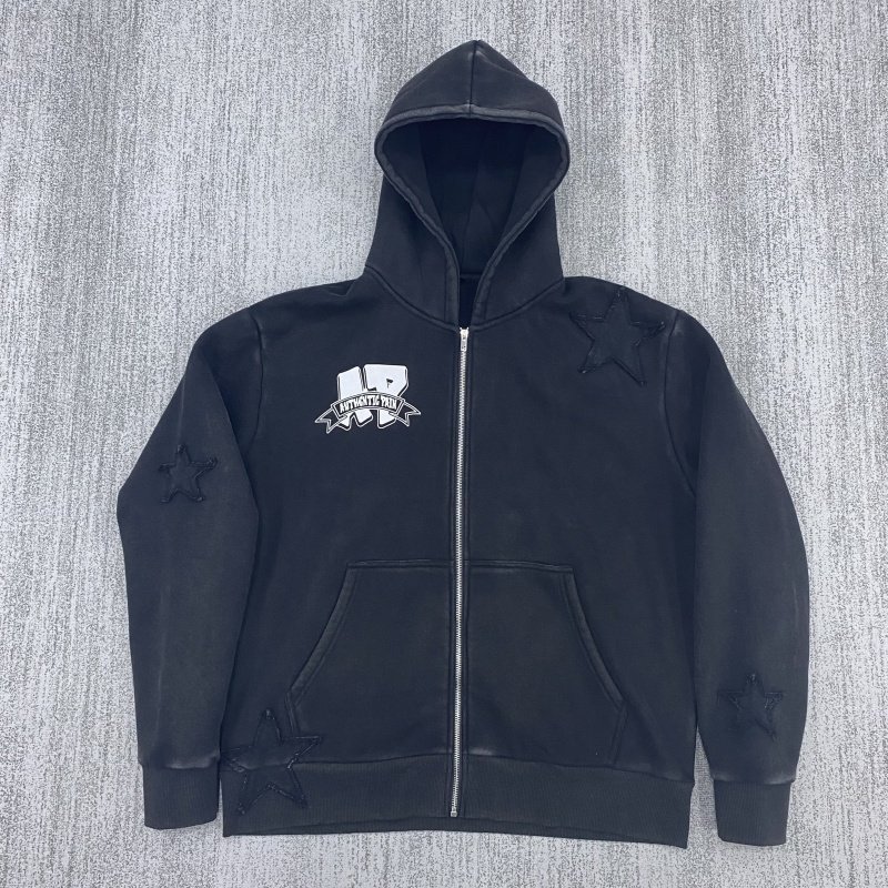 Custom Vintage Streetwear Distressed Letter Embroidery Cropped zipper Pullover Acid Wash Cropped Men's Hoodies H-608