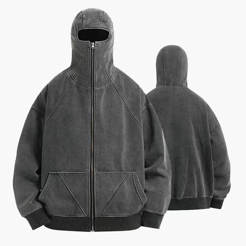 Wholesale Streetwear Vintage Dark Grey Acid Wash Zip Hoodie Heavyweight Cotton Oversized Hoodie No String Men'S Hoodie