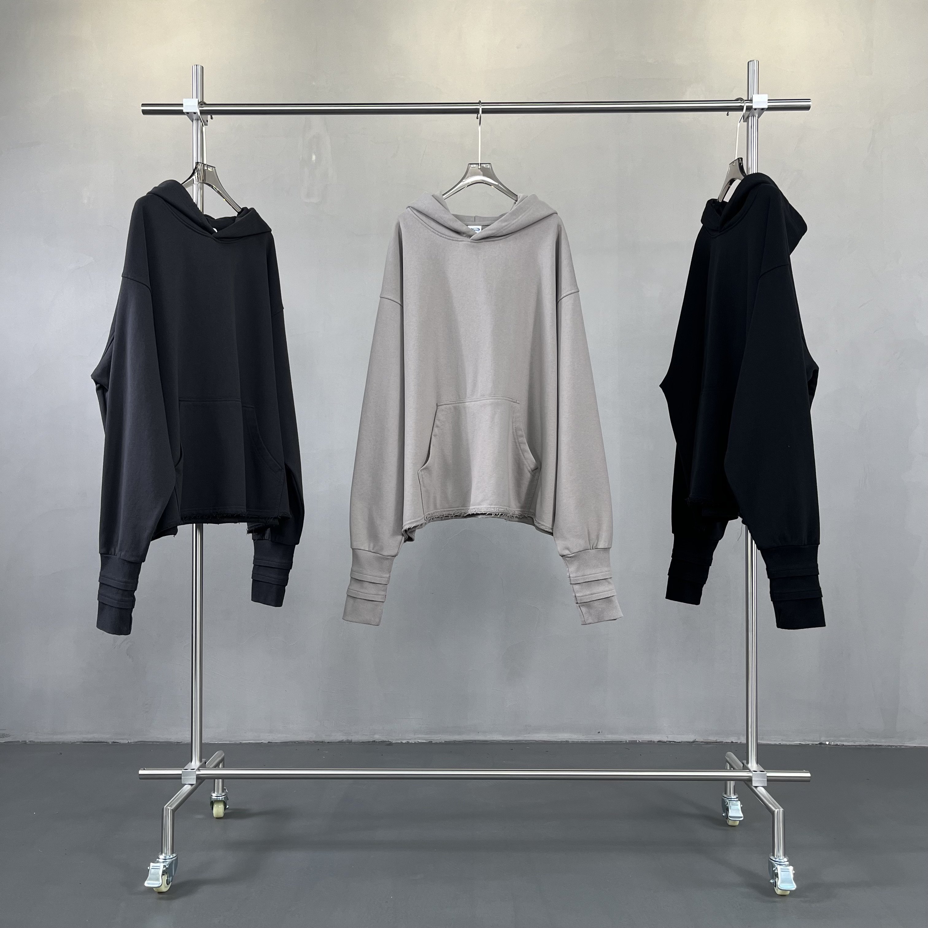 Custom High Quality StreetwearThumb hole luxury Hoodie cropped raw hem hoodies Vintage Double Layer Acid Wash fashion Hoodies
