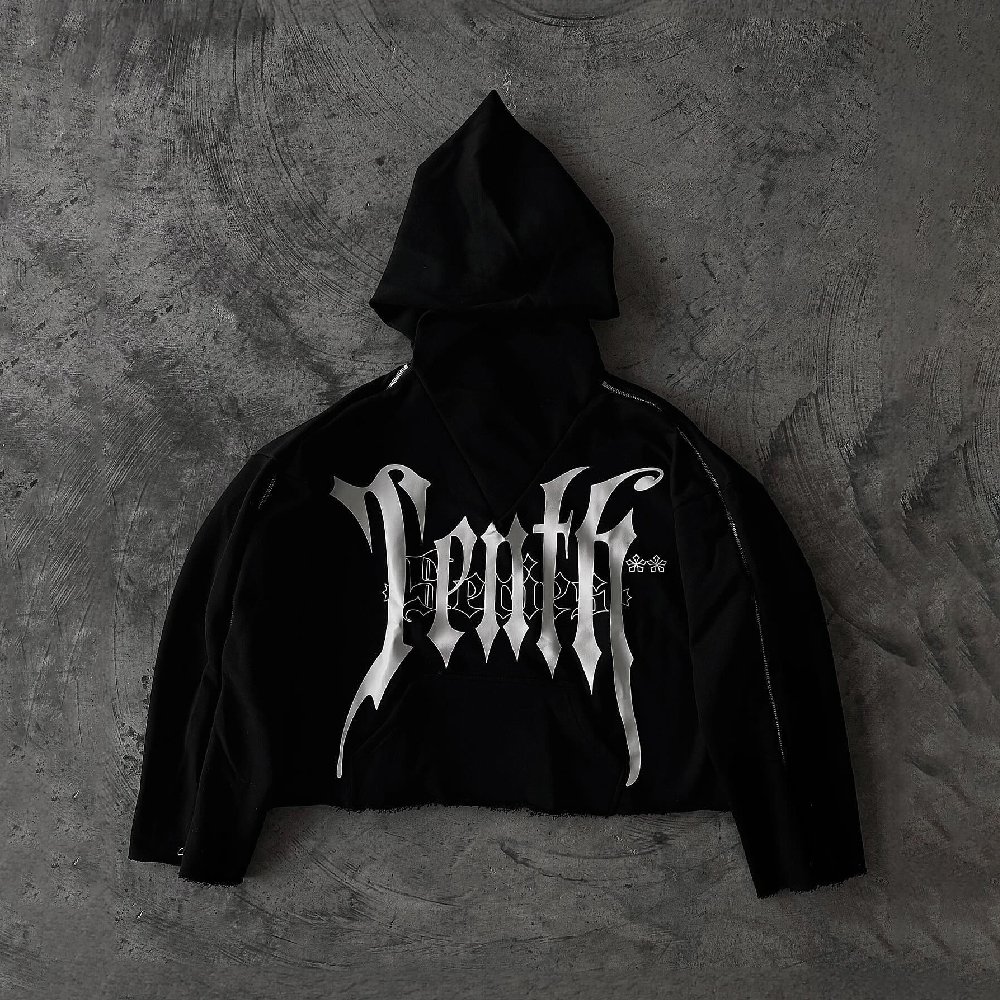 Custom Double Zipper Rhinestone Sleeve Pointy Hood Screen Printing Logo Raw Hem Raw Edge Cuff Terry 100%Cotton Men Hoodie