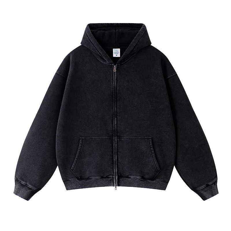 Wholesale streetwear heavyweight oversized hoodie no string zip up hoodie vintage acid wash mens hoodie