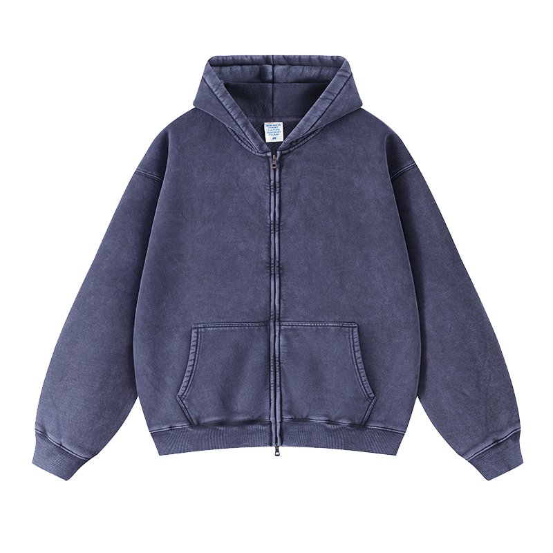 Wholesale streetwear heavyweight oversized hoodie no string zip up hoodie vintage acid wash mens hoodie