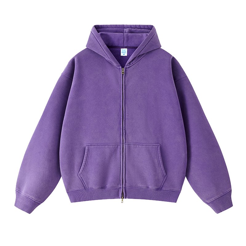 Wholesale streetwear heavyweight oversized hoodie no string zip up hoodie vintage acid wash mens hoodie