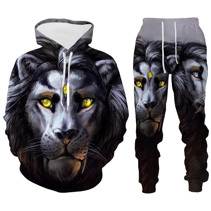 Lion Graphic Men's Hoodies & Sweatshirts Set Printing Animal Men's Sets Outdoor Streetwear Hoodie Pullovers Top Mens Clothing