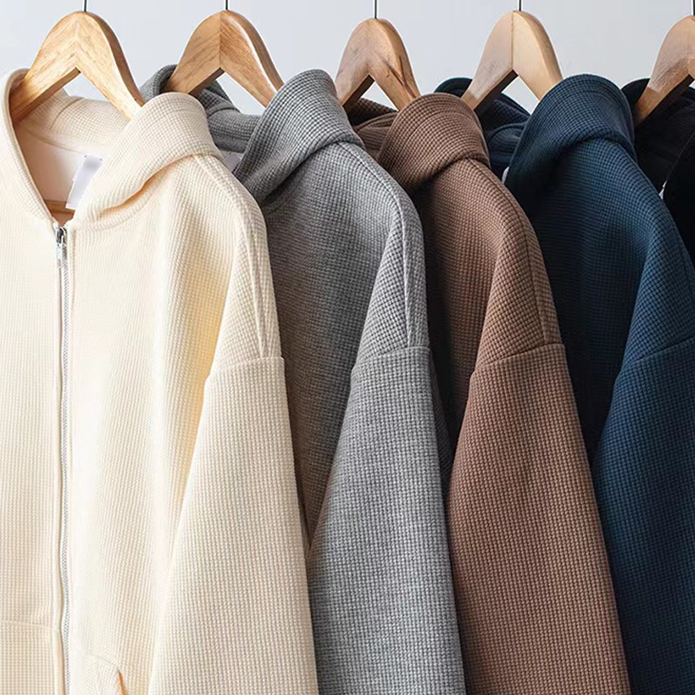 Custom Casual Cozy and Breathable Waffle Thermal Hoodie Sweatshirt with Kangaroo Pocket Cotton Men Zip Hooded Hoodie