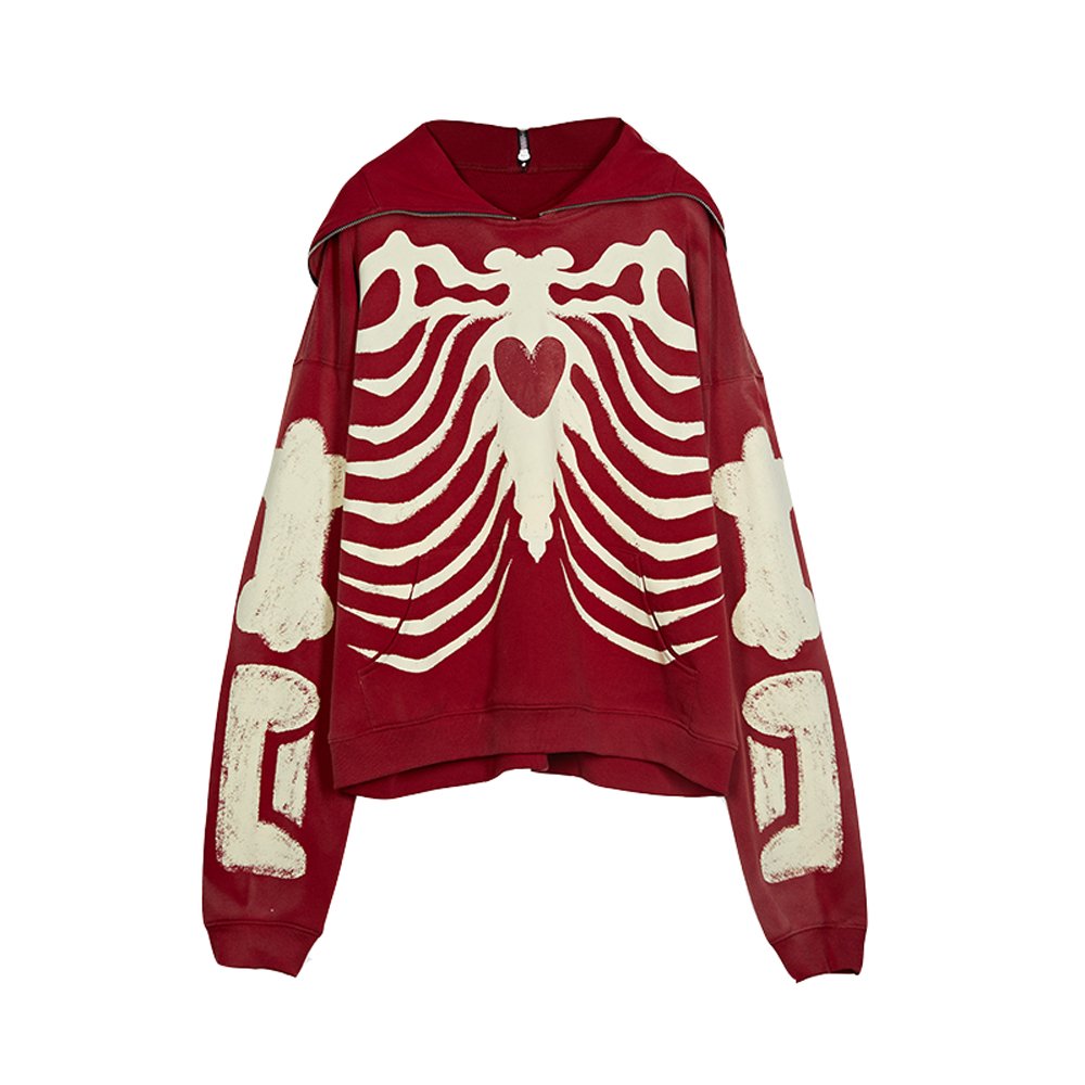 Acid Wash Hoodie Custom Logo Screen Print Full Zip Up Hoodie Vintage Skeleton Pullover Hoodie for Men