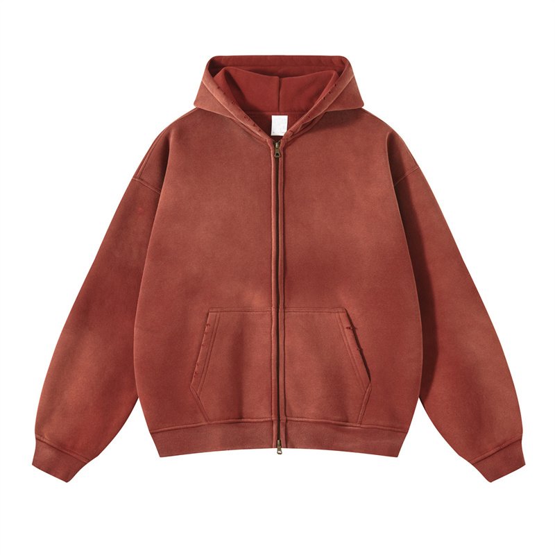 Winter thick spray dyed old double zipper fashion men's hoodie custom logo men's and women's all-purpose wash hoodie