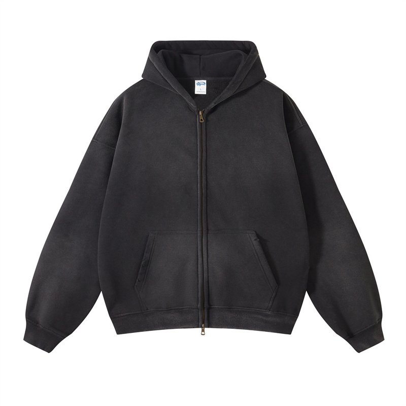 Winter thick spray dyed old double zipper fashion men's hoodie custom logo men's and women's all-purpose wash hoodie