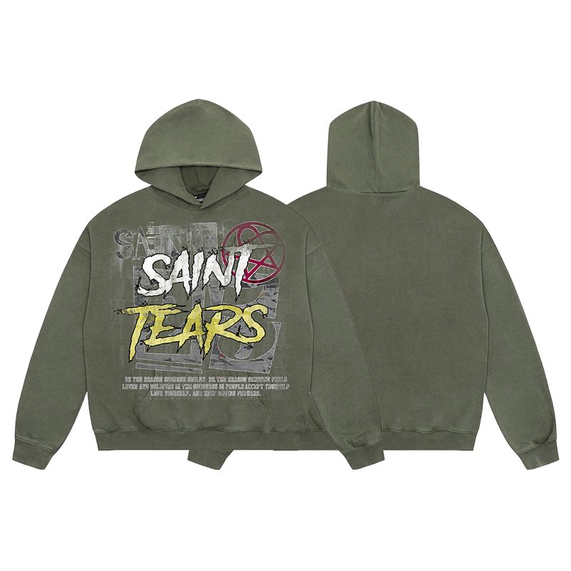 Manufacturer High Quality Heavyweight Streetwear Cotton Oversized Vintage Wash Print Saint Tears Terry Men's Hoodies&Sweatshirts