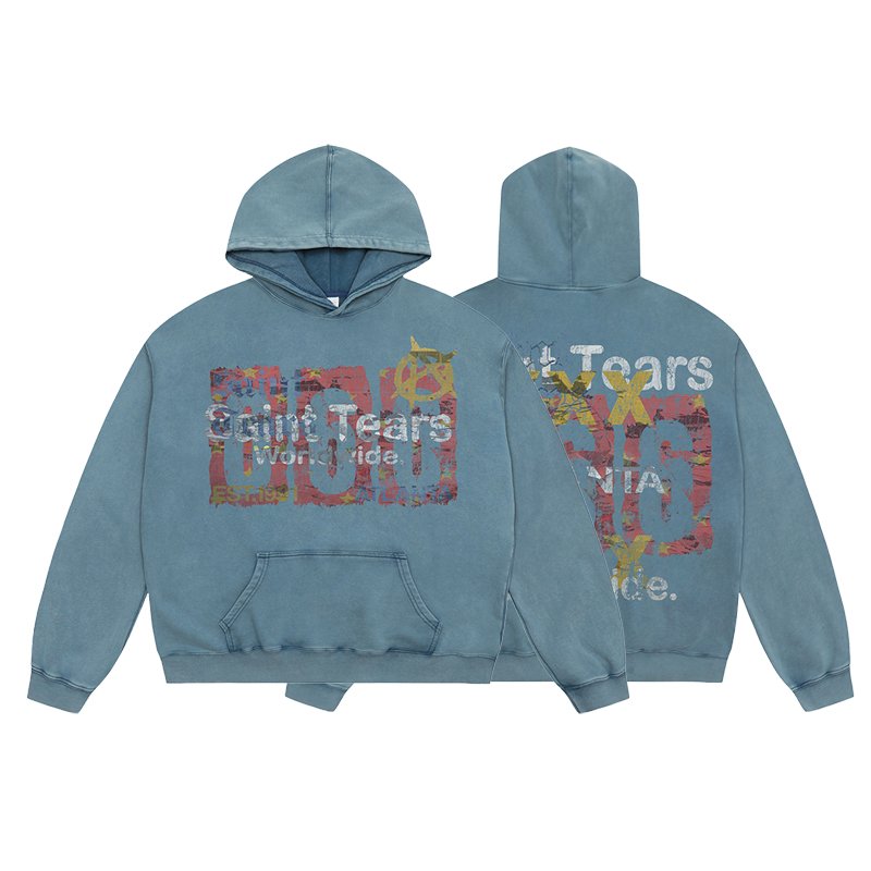 Manufacturer High Quality Heavyweight Streetwear Cotton Oversized Vintage Wash Print Saint Tears Terry Men's Hoodies&Sweatshirts