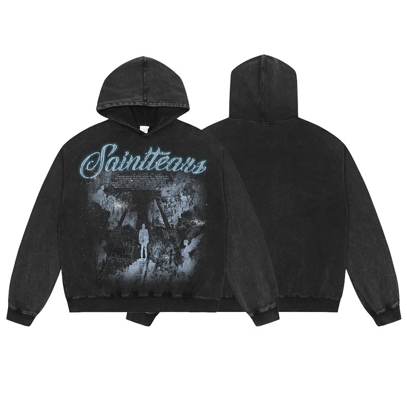 Manufacturer High Quality Heavyweight Streetwear Cotton Oversized Vintage Wash Print Saint Tears Terry Men's Hoodies&Sweatshirts