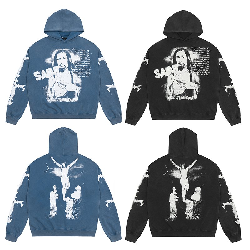Manufacturer High Quality Heavyweight Streetwear Cotton Oversized Vintage Wash Print Saint Tears Terry Men's Hoodies&Sweatshirts