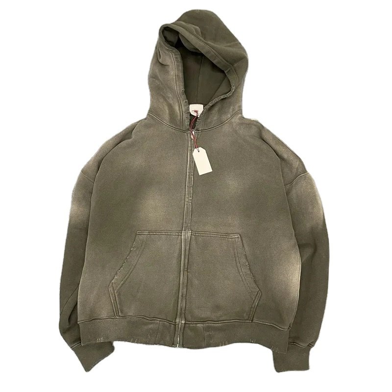 High Quality Oversized Acid Wash Zip up Fleece Hoodie Men Custom Vintage Print O-Neck Collar Made Polyester/Cotton Puff Technics