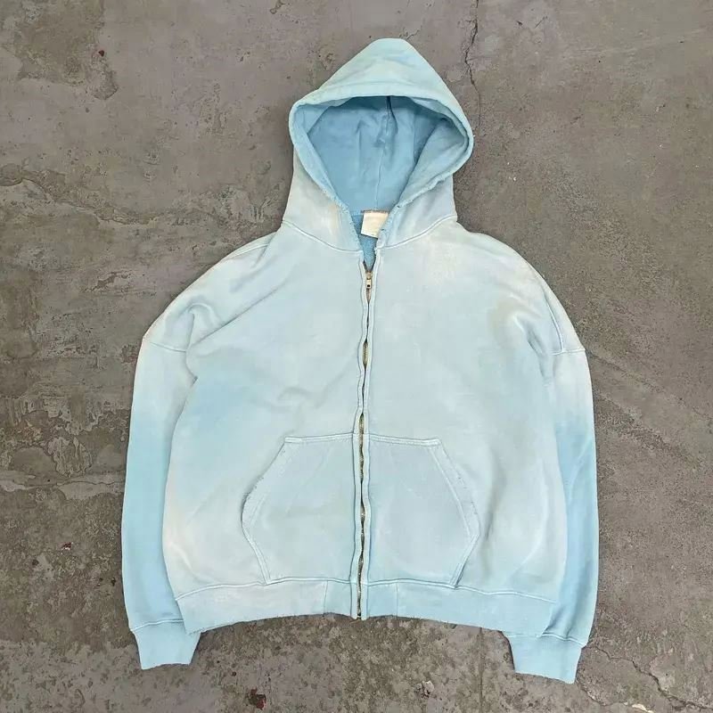 High Quality Oversized Acid Wash Zip up Fleece Hoodie Men Custom Vintage Print O-Neck Collar Made Polyester/Cotton Puff Technics