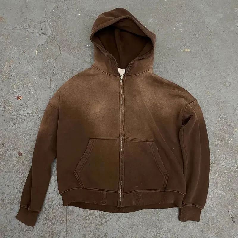 High Quality Oversized Acid Wash Zip up Fleece Hoodie Men Custom Vintage Print O-Neck Collar Made Polyester/Cotton Puff Technics