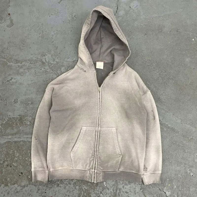 High Quality Oversized Acid Wash Zip up Fleece Hoodie Men Custom Vintage Print O-Neck Collar Made Polyester/Cotton Puff Technics