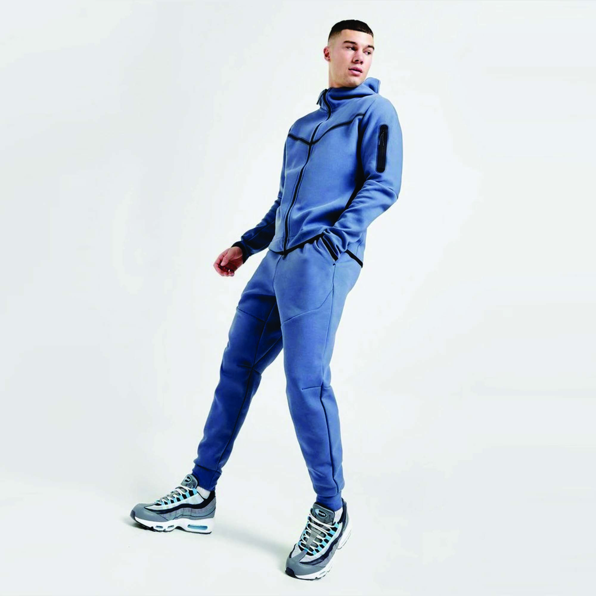 OEM Design Men's Tech Fleece Tracksuit 69% Cotton 31% Polyester Blue Full Zip Hoodie Joggers Sweatpants Set Fitness Logo