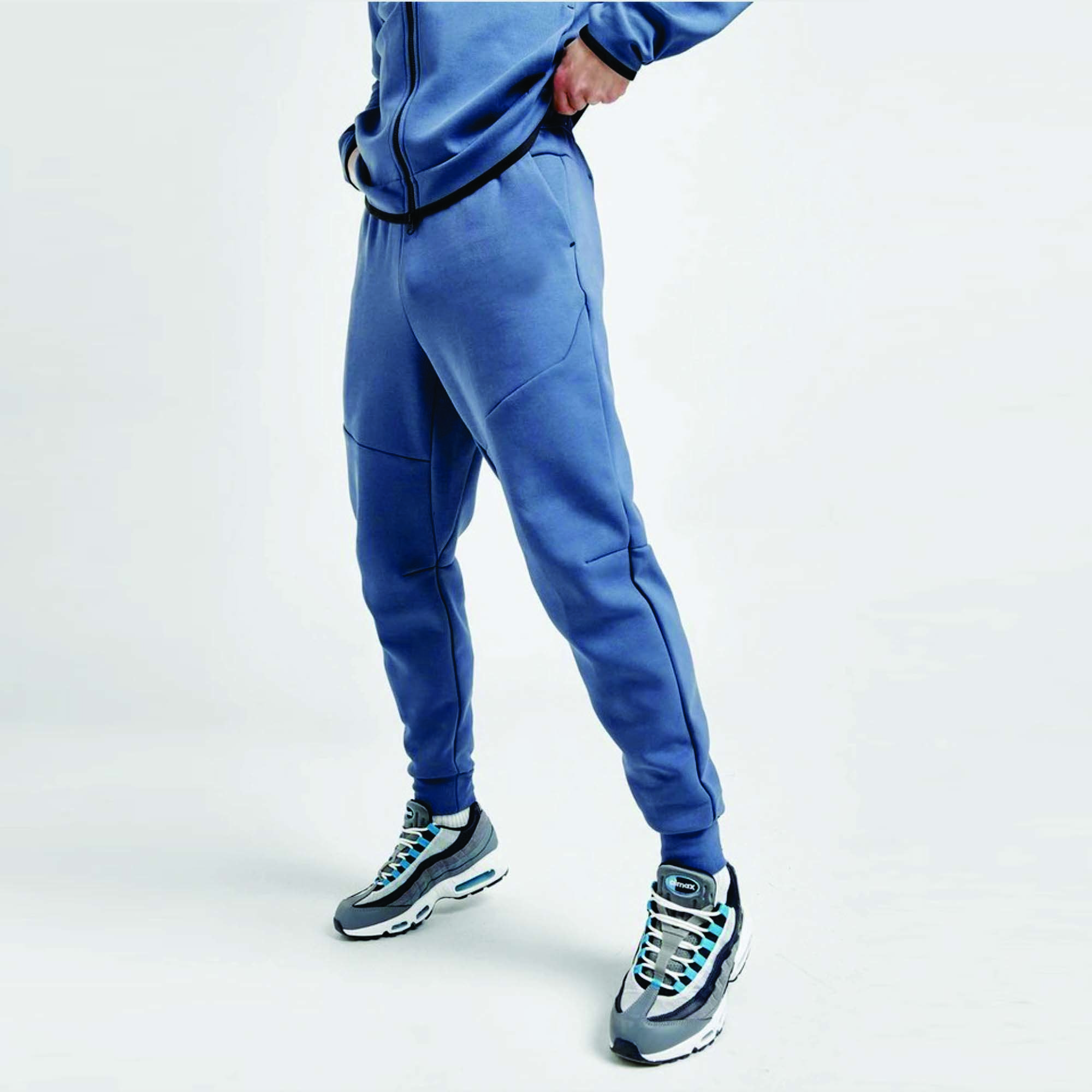 OEM Design Men's Tech Fleece Tracksuit 69% Cotton 31% Polyester Blue Full Zip Hoodie Joggers Sweatpants Set Fitness Logo