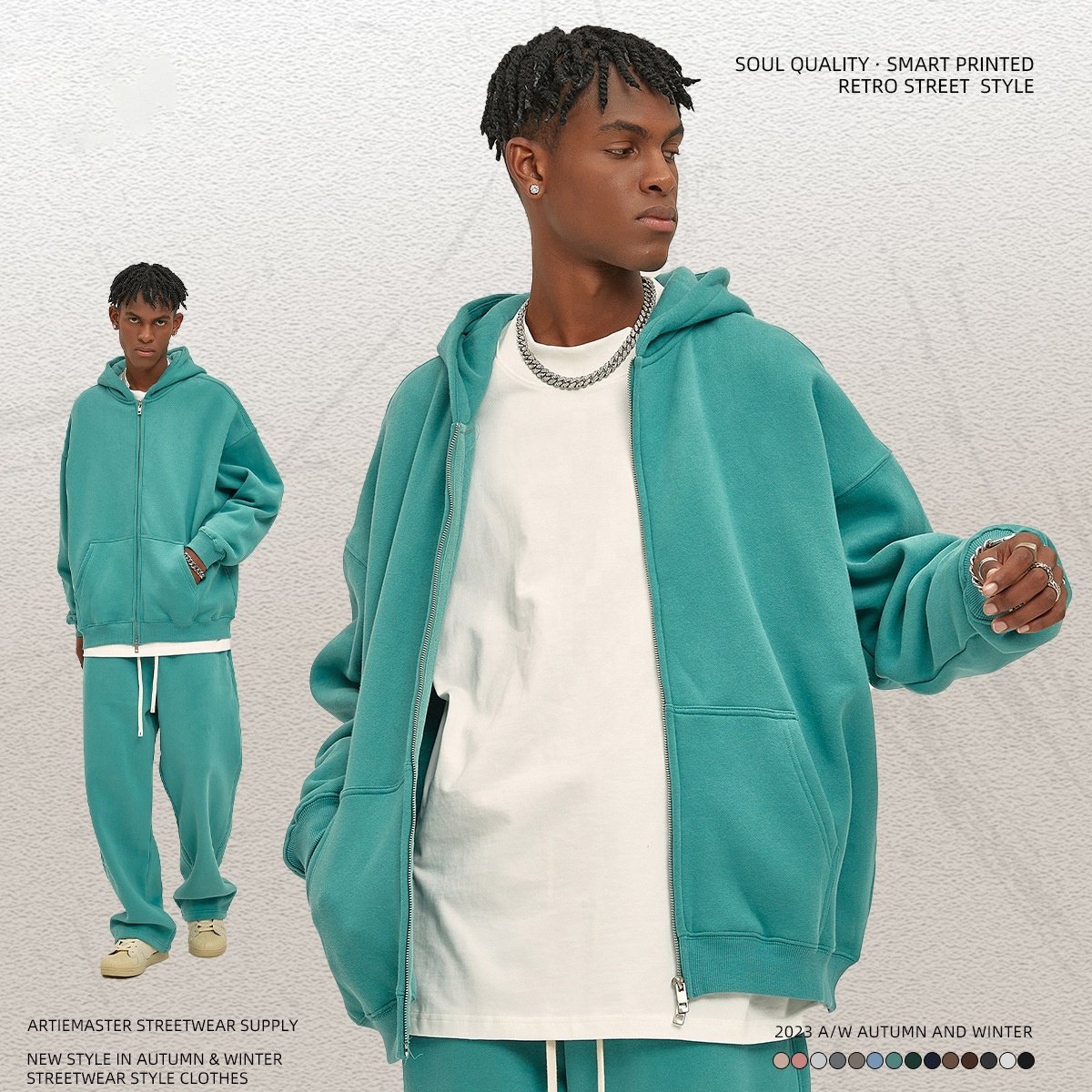 Hot Sale 100% Cotton Custom Double Zipper Hoodie Pure Color Sportswear Tops Custom Hoodie Zipper