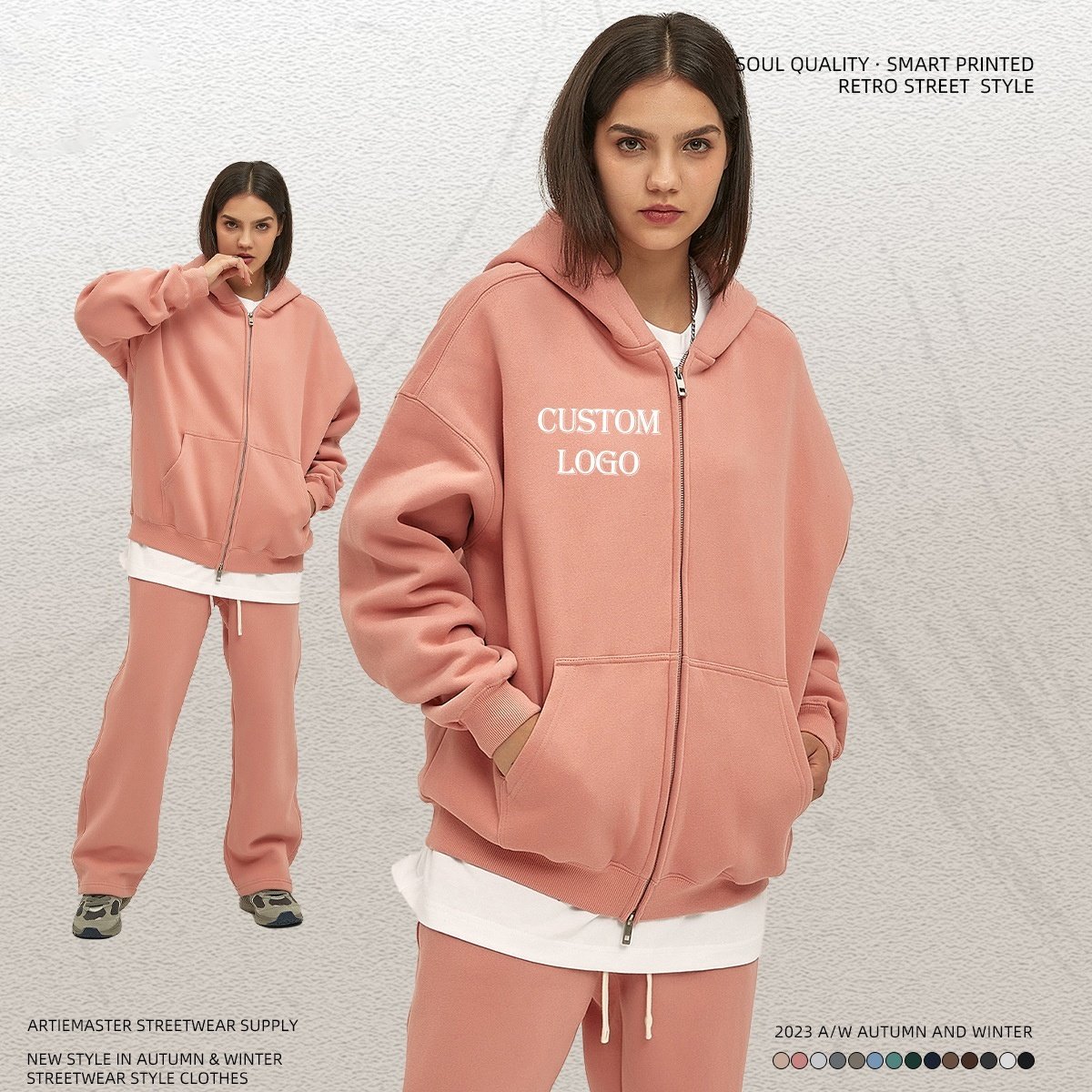 Hot Sale 100% Cotton Custom Double Zipper Hoodie Pure Color Sportswear Tops Custom Hoodie Zipper