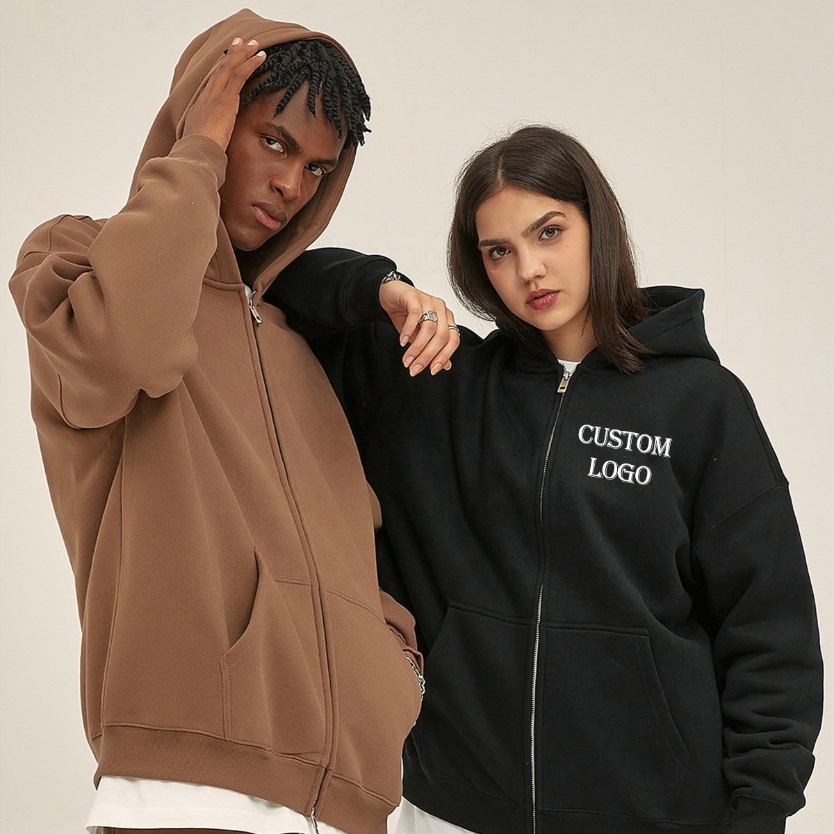 Hot Sale 100% Cotton Custom Double Zipper Hoodie Pure Color Sportswear Tops Custom Hoodie Zipper