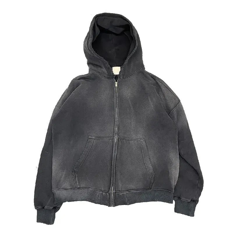 Customized High Quality Heavyweight Hoodies Acid Wash Hoodie 500 Gsm French Terry Vintage No String Gray Cotton Fabric Hooded