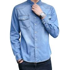 2024 Men's Washed Light Blue Color Dress Shirt Bulk Rates Latest Men Denim Shirt Long Sleeve Jeans Shirt