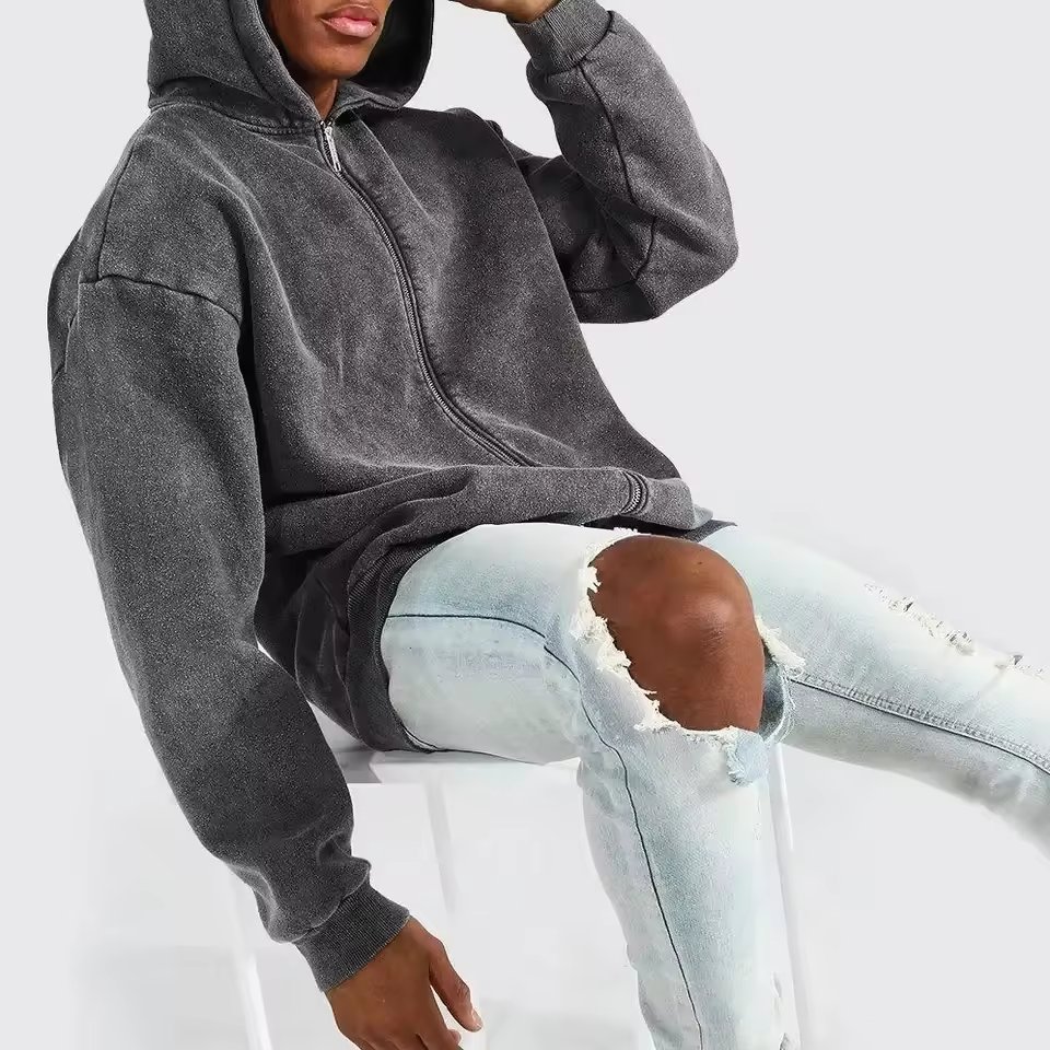 Fashion Custom Streetwear Men Heavy Weight Vintage Sun Faded Zip Up Pullover Acid Wash Oversized Men's Hoodies