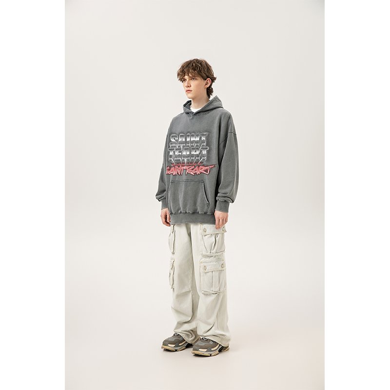 Wholesale High Quality Heavyweight 400G 100% Cotton Oversized Vintage Sand Wash Distress Saint Tears Men's Hoodies&Sweatshirts