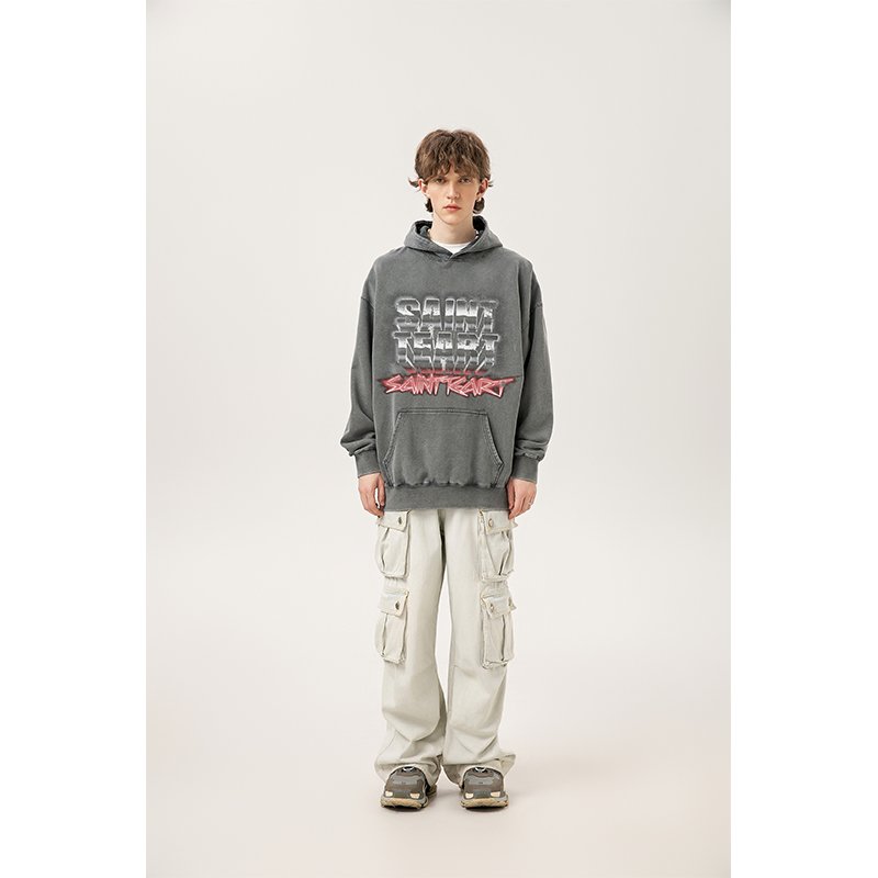 Wholesale High Quality Heavyweight 400G 100% Cotton Oversized Vintage Sand Wash Distress Saint Tears Men's Hoodies&Sweatshirts