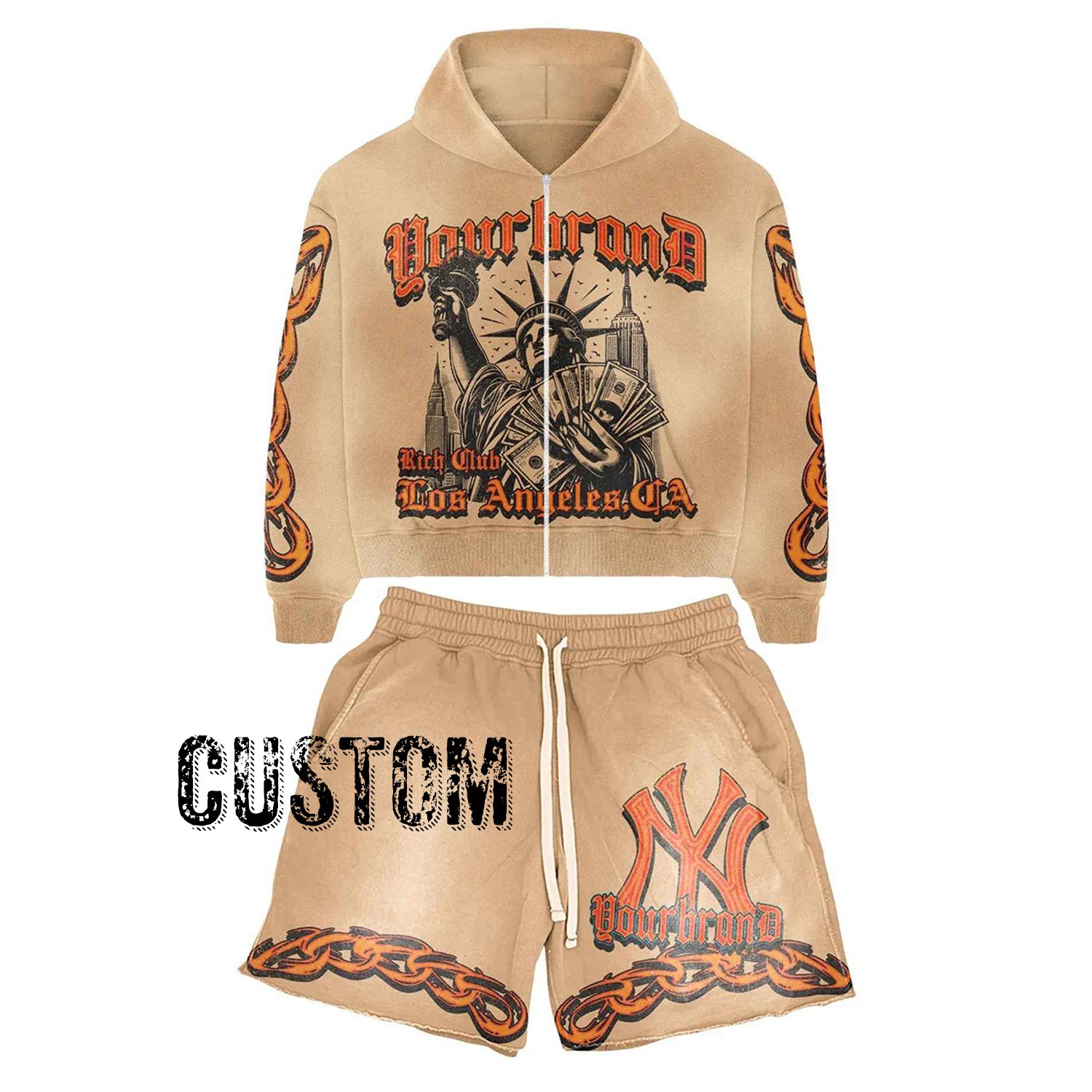 Custom logo hoodie & Shorts acid wash set Vintage Jogger Set Sweatsuit Tracksuit For Men Custom Screen Print