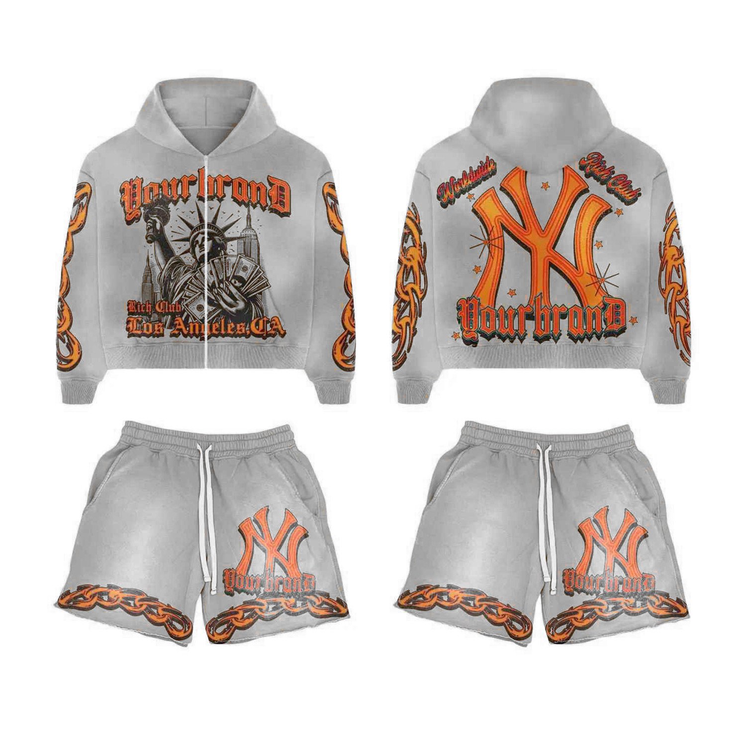 Custom logo hoodie & Shorts acid wash set Vintage Jogger Set Sweatsuit Tracksuit For Men Custom Screen Print