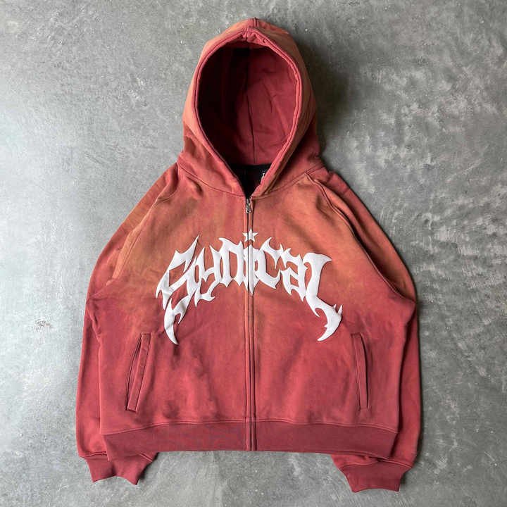 New Designs Puff Print Zip Up Acid Washed Hoodies Men's Casual Sweatshirts