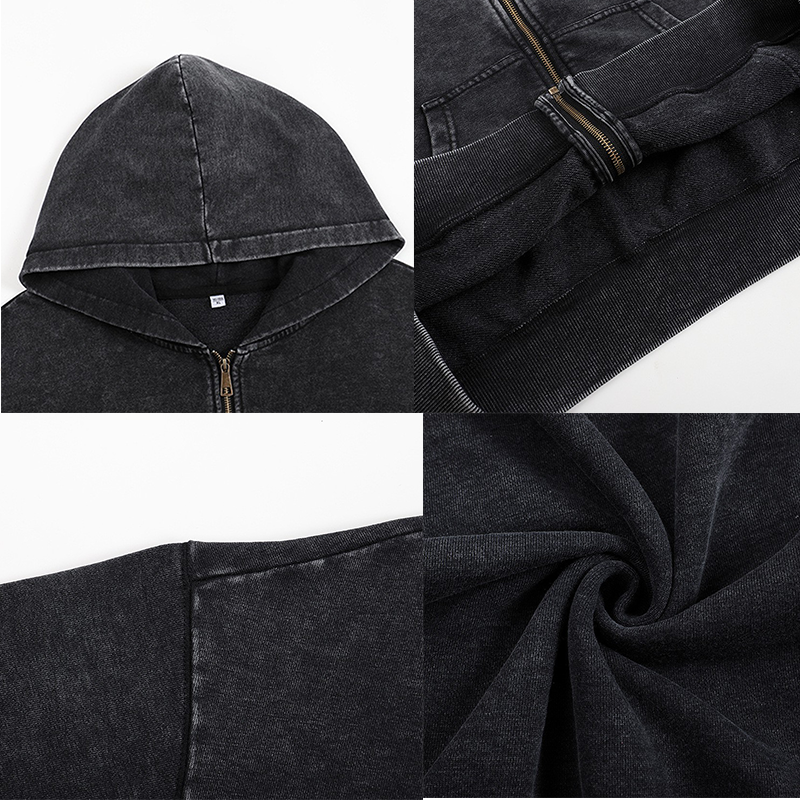 Custom Heavyweight 350gsm Distressed Men's Hoodies Unisex Streetwear Blank Vintage Acid Wash Zip Up Hoodies and jacket Men