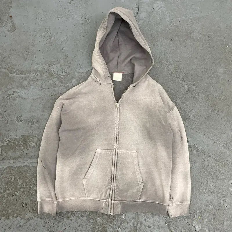 Custom Streetwear Hoodie Fleece Blank Zip Up Vintage Sun Faded Distressed Pockets Acid Wash Hoodies Men