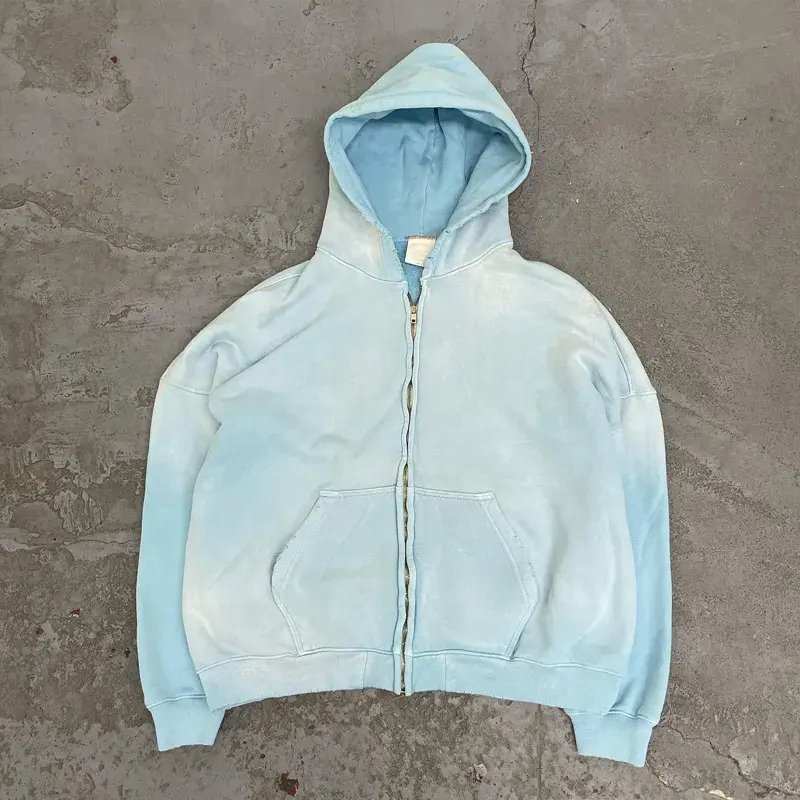 Custom Streetwear Hoodie Fleece Blank Zip Up Vintage Sun Faded Distressed Pockets Acid Wash Hoodies Men