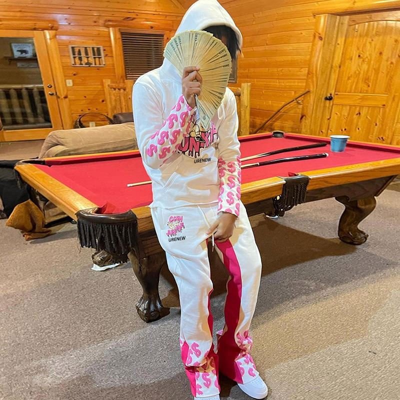 Puff Print Flexible Custom Logo Flare Sweatsuit Tracksuit 100 Cotton Raw Hem Flared Sweat Pants Mens Sweatpants And Hoodie Set