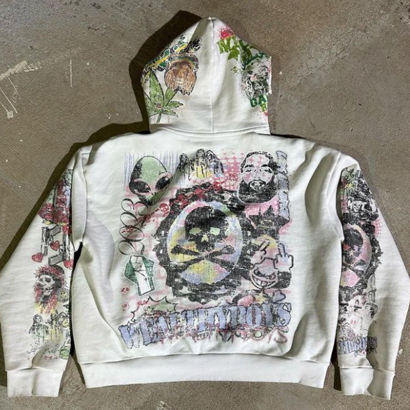 Custom Screen Dtg Print All Over French Terry Distressed Vintage Drop Shoulder Mens Streetwear Oversized 500 Gsm Hoodie