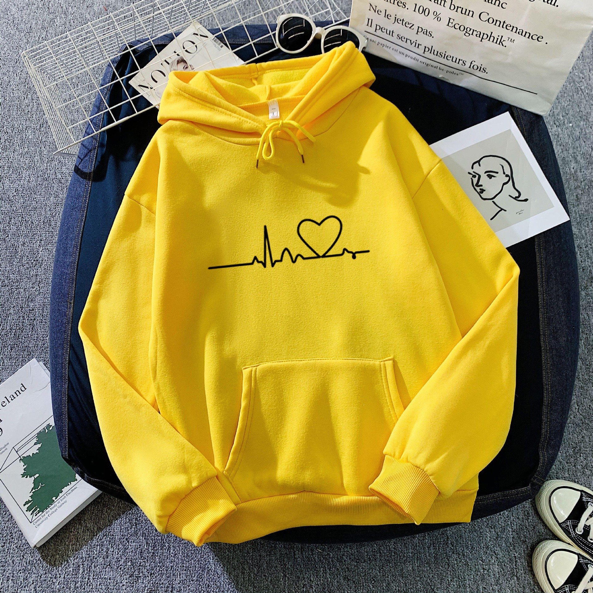 Plus velvet hoodie sweater for men and women in autumn and winter couple blouse loose beauty school larger size over size