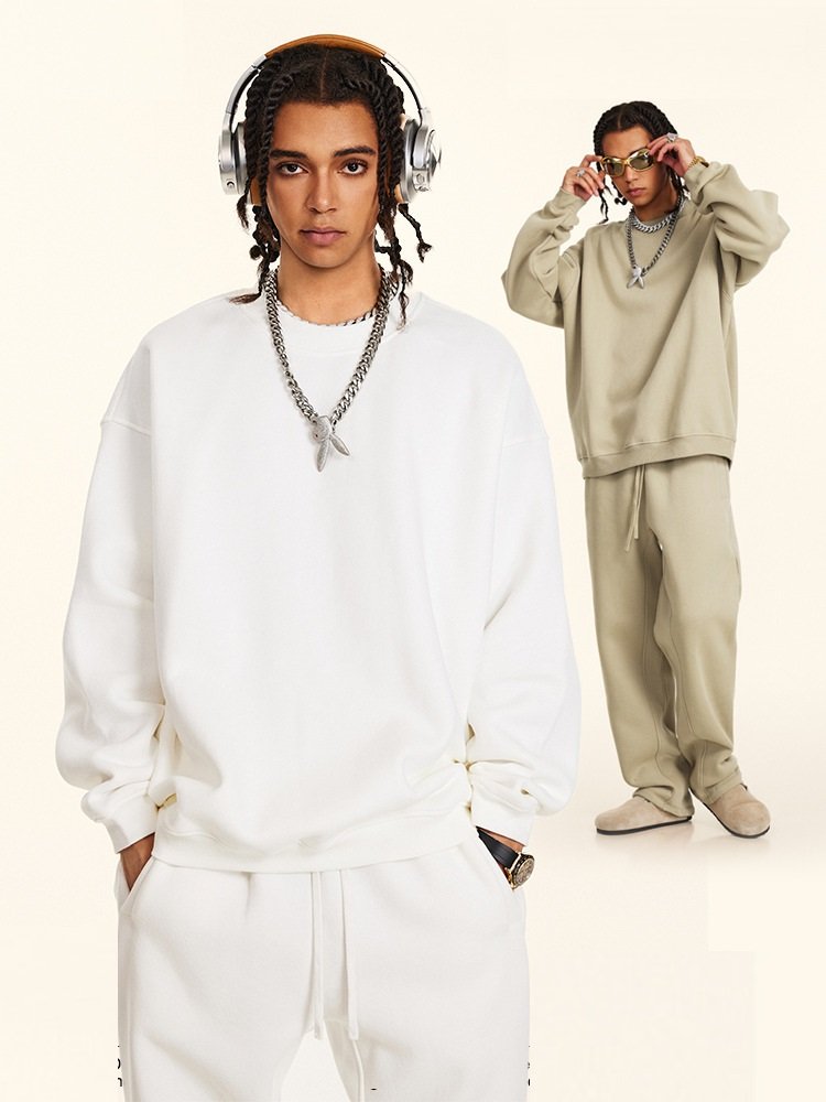 2024 Autumn and winter youth loose casual basic solid color American plus fleece round neck men's hoodie