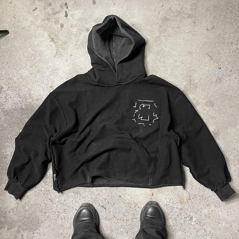 Custom Distressed Patch Embroidery No Cut Hem Cropped Hoodies Men