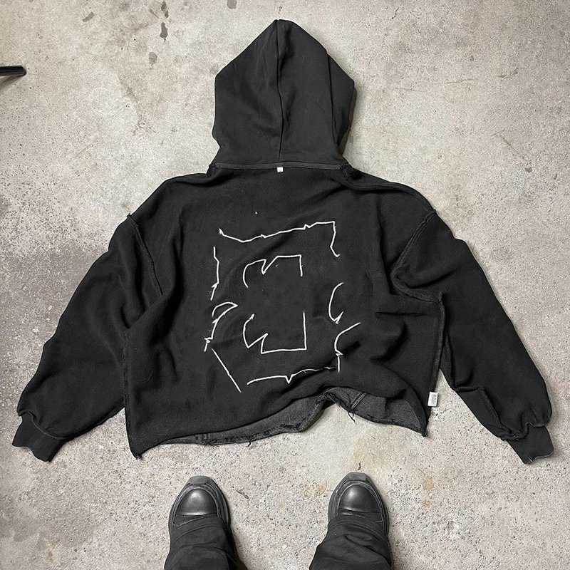 Custom Distressed Patch Embroidery No Cut Hem Cropped Hoodies Men
