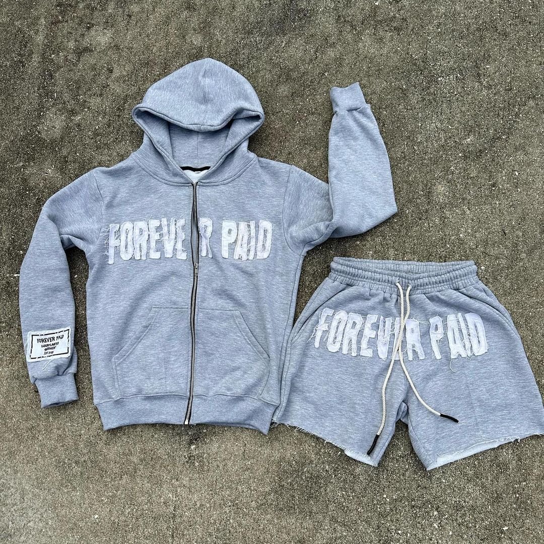 Custom 2 piece distressed cotton boxy fit cropped men raw hem patchwork applique embroidered zip up hoodie and shorts set men