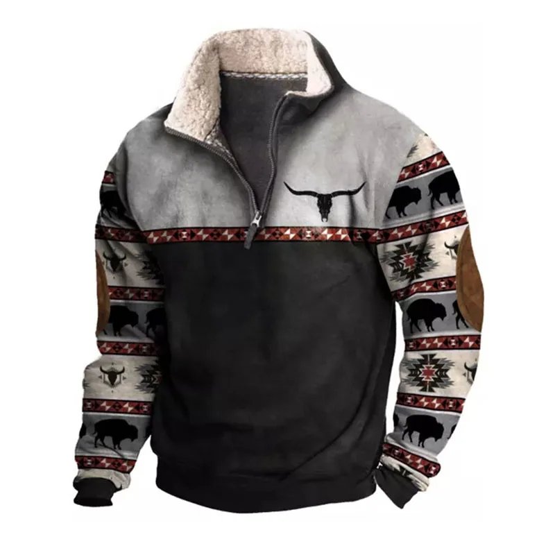 Vintage Men's Clothing Stylish Zipper Fur Collar Hoodie Geometric 3D Printed Men's Hoodie Casual Street Wear